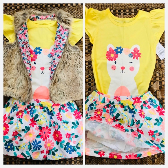 (3) NWT Carter’s Set Floral Skirt Cat Top Fur Vest - Picture 5 of 5